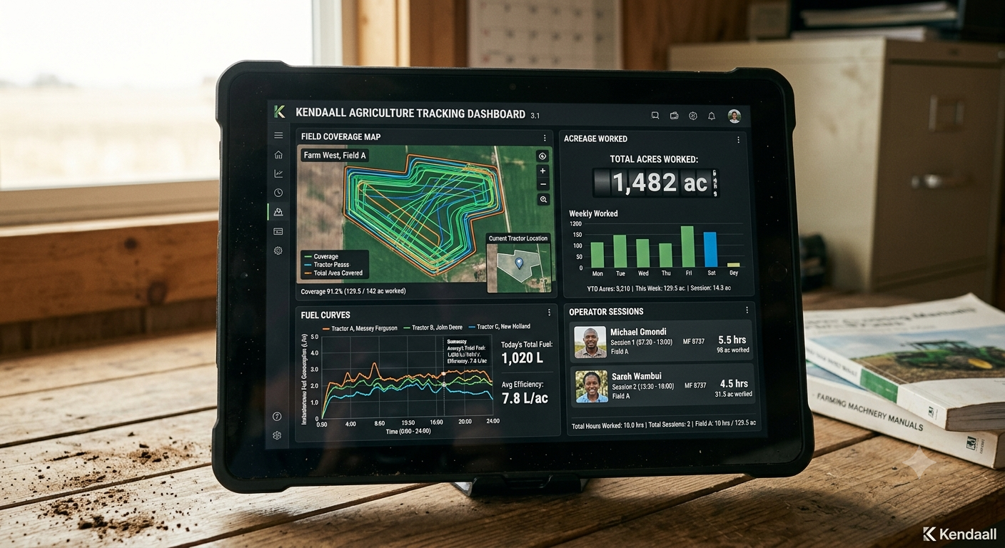 Kendaall agriculture tracking dashboard showing tractor field coverage maps, acreage worked, fuel curves and operator sessions