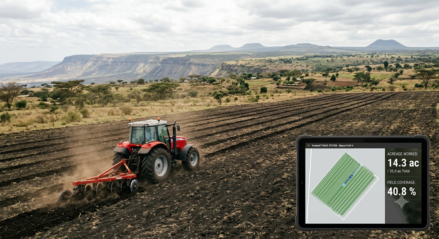Tractor ploughing a field in the Kenyan Rift Valley with Kendaall GPS tracking showing field coverage and acreage worked